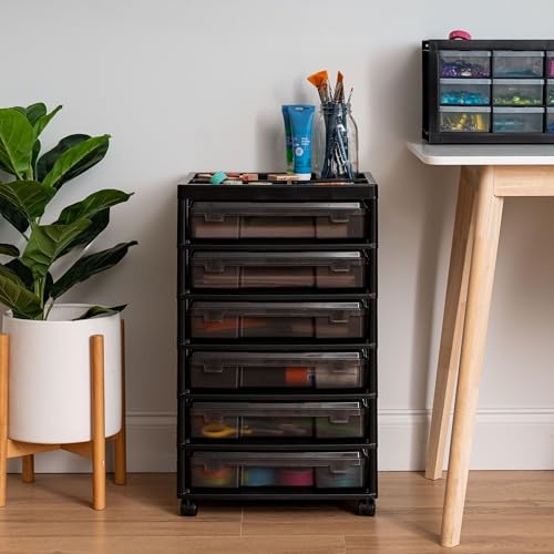 Image of IRIS USA Fits 12 inch x 12 inch Paper, 6-Tier Scrapbook Rolling Storage Cart with Organizer for Stationery Vinyl Tools Office Art and Craft Supplies, Yarn, 6 Cases w /Built in Handle - Gray