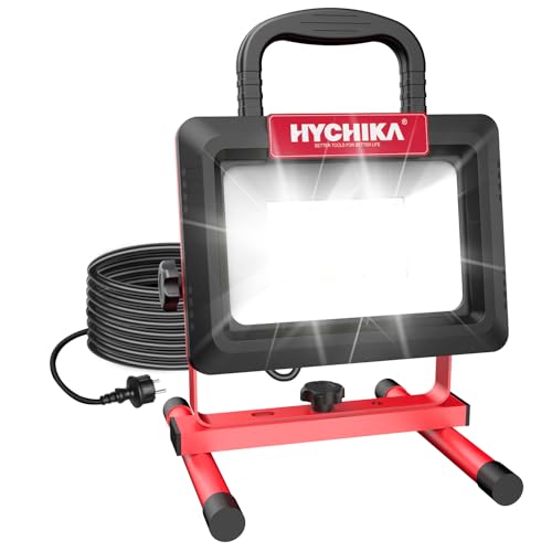 HYCHIKA Foco de Construcción LED 100W, Foco de Trabajo Portátil con 12000LM, 2 Modos Adjustables, 360°Giratorio Soporte Plegable, IP65 Impermeable en Exterior, Luz de Trabajo con 2M Cable para Obra