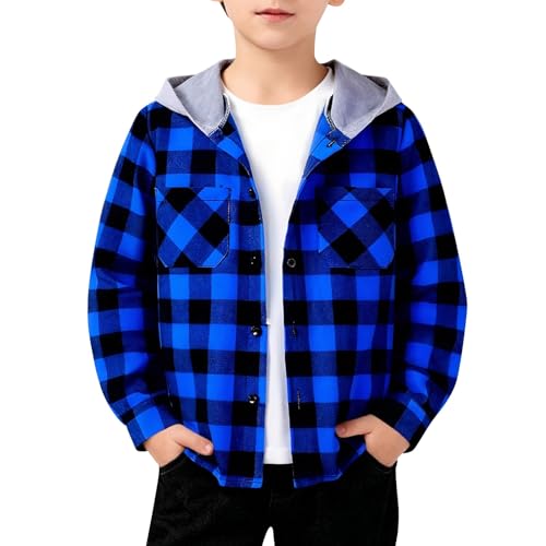 Boys Casual Plaid Hoodies Autumn Fashion Button Up Shirts Girls Long Sleeves Cute (Blue, 13-14 Years)
