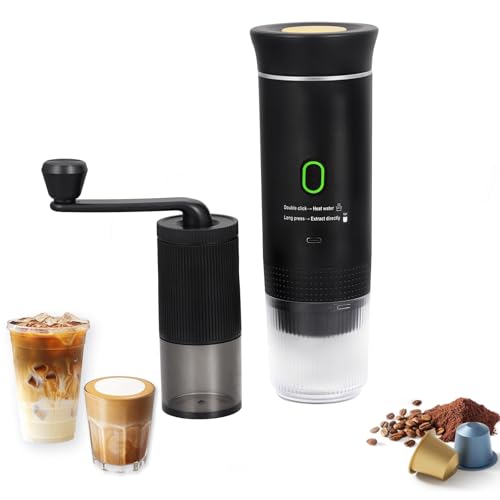 GUMLCOOD Coffee Maker Set, Portable Espresso Machine and Coffee Grinder, 3 in 1 Travel Coffee Maker Compatible Ground Coffee, Capsules (NS＆DG) for Outdoor Camping Hiking Office