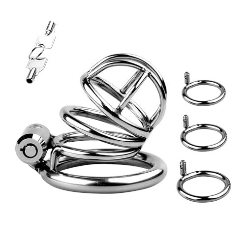 Cage de Chasteté Pénis en Métal Cages de Chasteté avec 3 Ring de Taille Différente Ceinture de Chasteté avec Push-Pull Lock pour Homme Sex Toys Cage Chastetée (3 Rings)