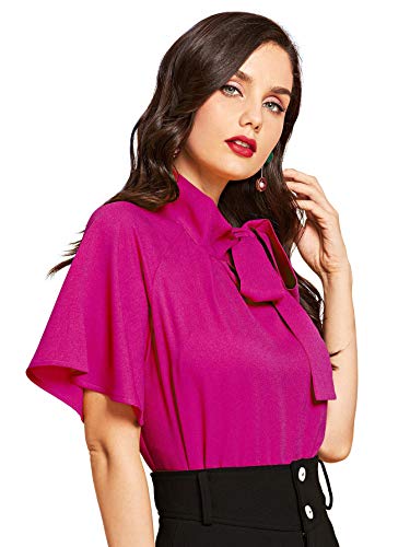 Shein Women's Casual Side Bow Tie Neck Short Sleeve Blouse Shirt Top X-Large Hot Pink #TOP1