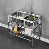 WIQUYBML Fregadero Independiente de Acero Inoxidable de Doble cubeta para Cocina Comercial con Estante de Almacenamiento, Multiusos para Exteriores, restaurantes, hoteles, Bares, lavandería