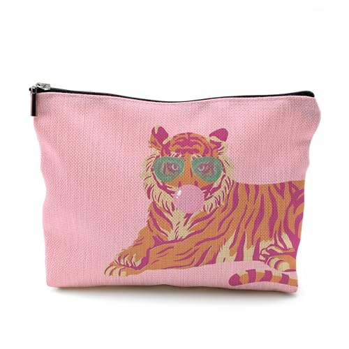 BILLAION Trendy Preppy Pink Tiger Makeup Bag, Gifts for Tigers Lovers Cosmetic Bags, Pink and Orange Funny Bubblegum Tiger Makeup Zipper Pouch