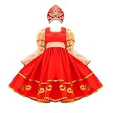 Kids Girls Russian Traditional Dance Dress Performance Costume Outfits Puff Sleeve Pleated, 160cm Red