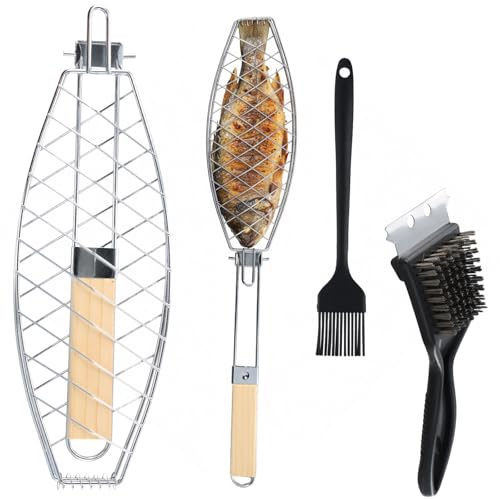 Grille Barbecue pour Poisson, 35,5x12cm, Poignée Amovible et Pliable, Maille Anti-Adhésive, Panier Barbecue Acier Inoxydable avec Pinceau Huile et Brosse...