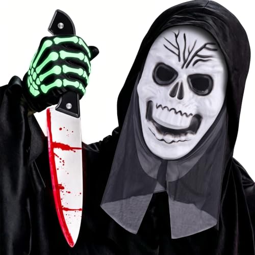 MYPPRFC Masque Halloween Horreur, Faux Couteau & Gants Squelette Set | Set de 3 pièces : masque horreur à capuche, gants lumineux et faux couteau. Très pratique pour un déguisement scream.
