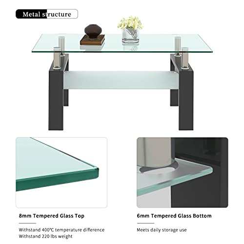 Oduse-Daily Glass Coffee Table Set Of 3 Piece, Glass Coffee Table And End Table Sets, Living Room Table Set Of 3 Pcs, Black Metal Legs, Clear Tempered Glass #TOP4