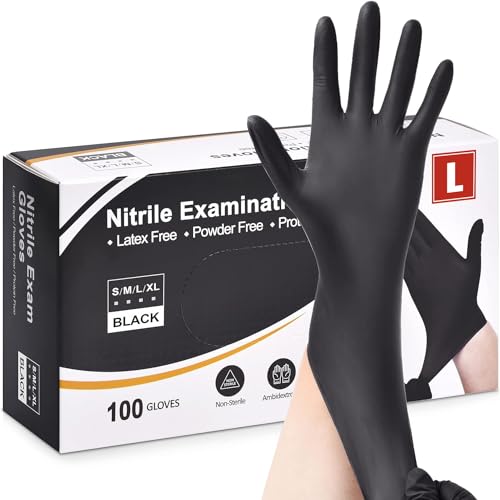 Fusion Vibes Black Nitrile Disposable Gloves - Latex Free, Powder Free, Exam, Surgical, Cleaning, Food Gloves - Extra Strong, Multi-Purpose, Black (L, 100, count)