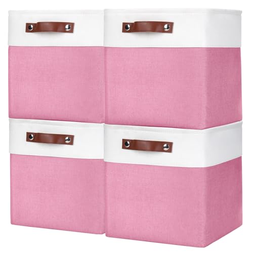 Bagnizer Collapsible Fabric Storage Cubes 11x11 Cube Storage Bins, 4 Pack Closet Baskets Box with Handles for Organizing, Shelf, Toys, Clothes, Home, Office, Nursery (Pink&White)