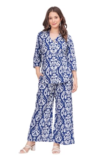 Image of Women's Pure Cotton Co-Ord Set | Three-Quarter Sleeves-Mandarin Collar Top & Palazzos | Printed Casual Wear Co-Ord Set for Women