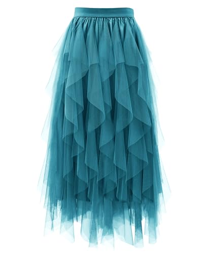 THHGPO Tulle Skirts for Women A Line Fairy Tiered Skirt Midi Length High Elastic Waist Long Skirt Teal Blue M