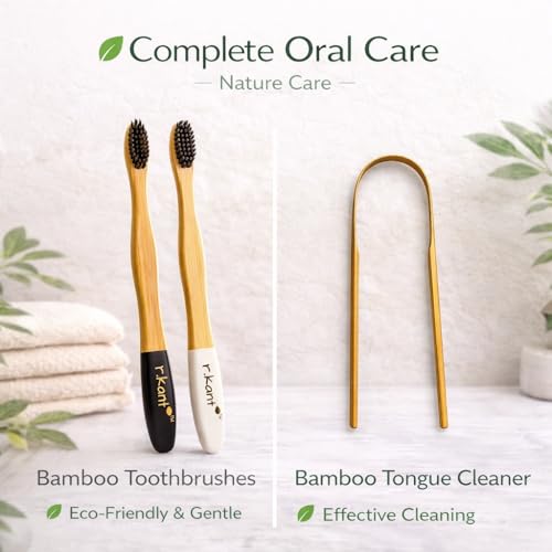 Image of R.Kant Pack of 2 Bamboo Toothbrush Combo for Adults | White & Black | Charcoal Infused Soft Bristles | Eco-Friendly Handle | Includes 2 Toothbrushes & 1 Bamboo Tongue Cleaner