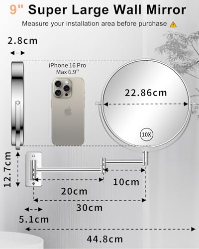 Gospire 9" Large Size Wall Mounted Makeup Mirror with 1X/10X Magnification, Double-Sided 360° Swivel, Chrome Polished Extendable Shaving Bathroom Wall Mirror for Men and Women