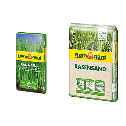 Floragard Rasenerde 40 L • hochwertige Spezialerde • zur Neuanlage & Rasen-Sand 15 kg für 10 m² • Rasenpflege • zum Lüften Schwerer Böden • streuwagenfähig • zum Topdressing nach dem Vertikutieren