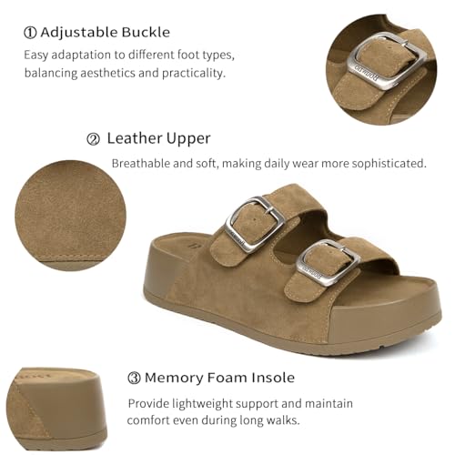 Image of Platform Sandals Women Genuine Leather Slip-on Beach Slide Buckle Comfortable Sandals with Memory Foam Soft Lining and Open Toe Low Wedges