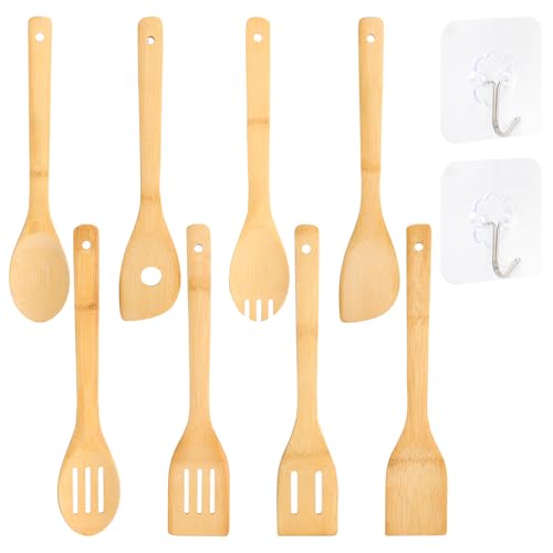 Lot de 8 spatules en bois et ustensiles de cuisine en bambou, cuillères en bois pour la cuisson, douces pour les poêles antiadhésives, résistantes à la chaleur, ustensiles de cuisine pour le quotidien