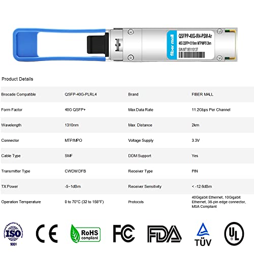 Image of Fiber Mall 40G QSFP+ PLRL4 for Brocade QSFP-40G-PLRL4 Compatible,40GBASE-PLRL4 QSFP+ 1310nm 2km DOM MTP /MPO SMF Optical Transceiver Module
