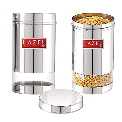 Image of HAZEL Stainless Steel Tea Coffee Sugar Containers I Ideal for Multipurpose Item Storing I Set of 2 Transparent Jars with 1200 ML Capacity each I Silver Color Box with Glossy Finish