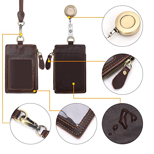 Wonderpool Leather Id Badge Holder With Zipper Wallet Pouch - Card Slots Case Detachable Neck Lanyard And Retractable Badge Reel For Office School Hospital Exhibition Id (Coffee) #TOP5