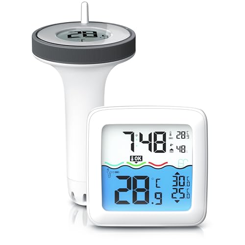 CSL - Funk Poolthermometer digital – Basisstation mit Schwimmer – Wassertemperatur Innentemperatur Luftfeuchtigkeit - DCF Uhrzeit – Pool Thermometer schwimmend