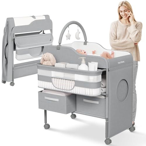 Image of Luxury Baby Changing Table with Wheels - Modern Dresser Changing Tables w/Hanging Toys, Laundry Bag, Changing Table Organizer Boxes - Folding Waterproof Baby Diaper Changing Station for Nursery Room