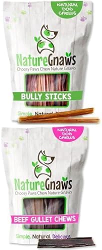 Nature Gnaws Extra Thin Bully Sticks (10 Count) + Beef Gullet Jerky Chews (20 Count) - Natural Dog Chew Treats for Small Dogs - Bundle Pack