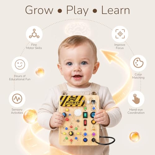 Image of Joyreal Busy Board for Toddlers - Montessori Toys for 1 2 3 Year Old | Wooden Sensory Activity Board with 10 Switches & 19 Lights, Ideal Educational Travel Toy Gift for Boy & Girl Birthday
