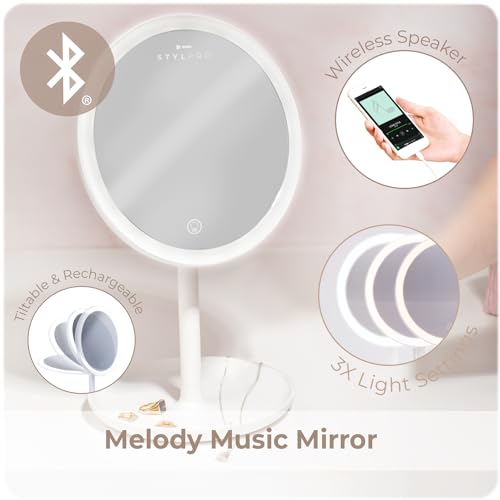 StylPro Melody Rechargeable Bluetooth Light-Up Mirror with Dimmable Lighting & Built-In Speaker - Image 2