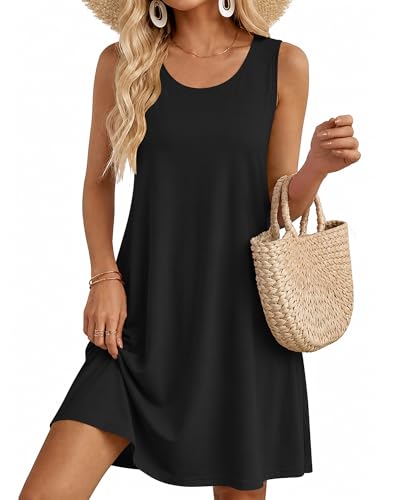Image of AUSELILY Womens Summer Dresses Sleeveless Crew Neck Black Casual Ladies Dress with Pockets Medium