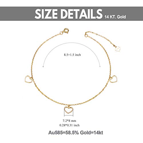 14K Gold Anklets For Women, Yellow Gold Heart Ankle Chain Bracelet Love Jewelry For Her, Girls， 8"-10" #TOP4
