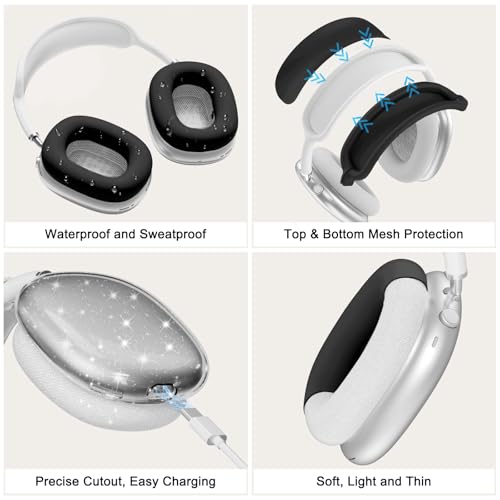 Image of Silicone Case Cover for AirPods Max 2 /AirPods Max Headphones(Glitter Black) | Clear Soft TPU Ear Cups Cover /Ear Pad Case Cover /Headband Cover for AirPods Max,Transparent Accessories for Apple AirPods Max