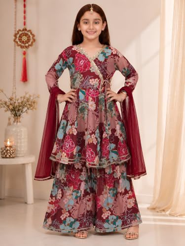 Image of Preneum Girls's Ethnic Cotton Bandhani & Lehariya Printed 3 /4 Sleeves Gotta Patti Angrakha Kurta with Sharara Set