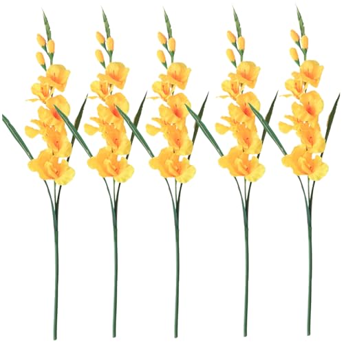 Lot de 5 fleurs de glaïeul artificielles réalistes à tige longue de 65 cm avec 3 bourgeons et 7 fleurs, fausse verdure décorative pour maison, mariage,...