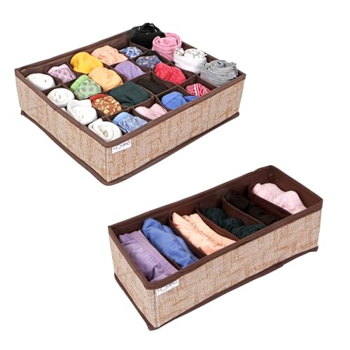 Image of HOKIPO Fabric Clothing Undergarment Organizer Storage Box for Drawers Bra Panty Socks Tie Lingerie Organizer for Wardrobe, 2 Pcs-6+24 Grids (NEW2-332+336), Brown