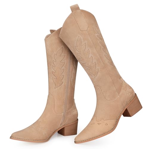 SHIBEVER Suede Knee High Cowboy Boots for Women Comfortable Tall Cowgirl Boots Zipper Low Heel Fall Winter Western Booties