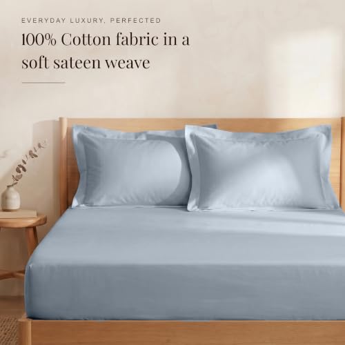 Image of Huesland 300 TC Premium 100% Pure Cotton Luxe Soft Touch Fitted King Size Bedsheet Cotton with 2 Pillow Covers | Greyish Blue | 72 x 78 Inches