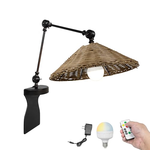 Kiven Battery Operated Headboard Reading Light, Dimmable No Drilling Reading Lamp, Farmhouse Rattan Nightstand Lamp with Adjustable Swing Arm,Remote for Reading Bedside Side Table Desk DZ0513