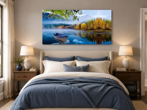 Image of Arjun Lake Canvas Wall Art Landscape Blue Boat Painting Framed Large 48x24 | Wall Art for Living Room Picture Bedroom Nature Mountain Artwork Modern Nature Scenery Home Office Dining Room Wall Decor