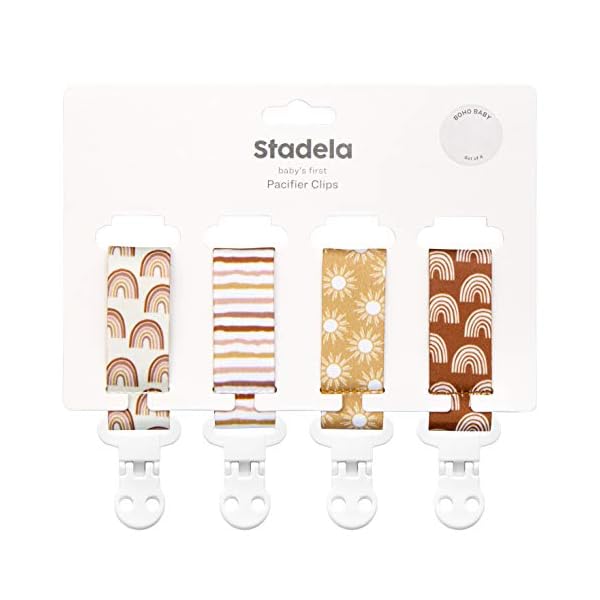 Stadela Baby Pacifier Clip Leash Soothie Teething Ring and Teether Toy Holder Unisex for Boy or Girl 4 Pack Baby Shower Birthday Gift Set Rainbow Sun (Boho Baby) – Bild 4