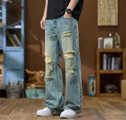 Men High Street Flared Denim Pants Loose Boot Cut Vintage Hollow Out Motocycle Distressed Jeans4