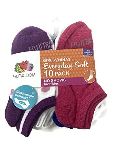 Fruit of the Loom Girls Everyday Soft No Show Socks 10 Pair, 10.5-4, Assorted 12