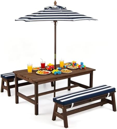 KOTEK Kids Picnic Table with Umbrella, Wooden Toddler Outdoor Table with Benches & Cushions, 42″ x 23″ Large Tabletop, Kids Backyard Furniture for Patio Garden Lawn (Navy)