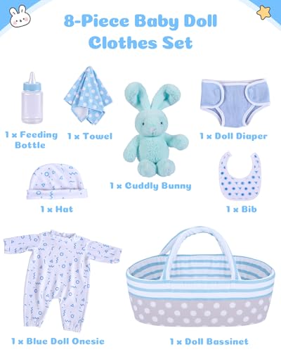 BABESIDE 8 Pcs Reborn Baby Doll Clothes with Bassinet for 17-22 Inch Babydolls, Reborn Baby Doll Accessories fit Newborn Dolls, Babydolls Clothes for Realistic Dolls, for Boys Girls - Thumbnail 3