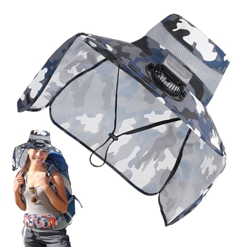 Chapeau anti coup de soleil avec ventilateur amovible et grand bord bleu