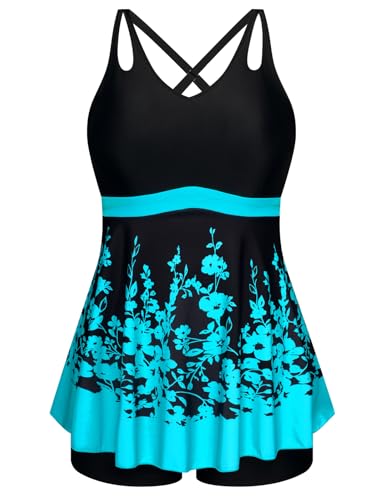 Hanna Nikole Women Plus Size Tankini Swimsuit Two Piece Bathing Suit Cross Back Cutout Flowy Swim Top with Boy Shorts Blue Gradient Floral 18Plus