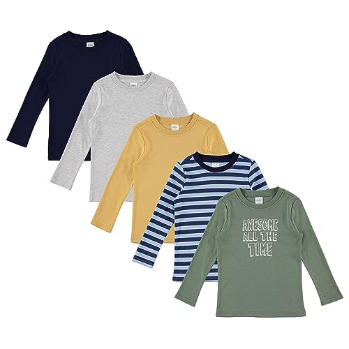 Cudlie 5-Pack Baby Boy Long Sleeve Shirt - Basic Tshirt Tops, Light Undershirt - Solid, Striped & Statement Tees, Size 24M