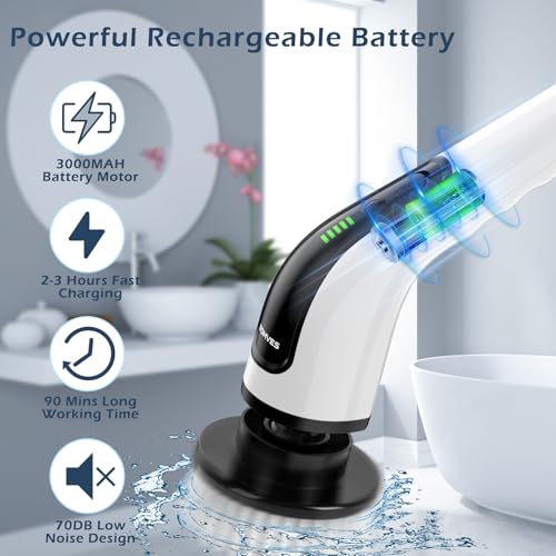 Image of Bomves Electric Spin Scrubber, Cordless Cleaning Brush Scrubber for Home, Multi Replaceable Brush Heads-90Mins Work Time, 3 Adjustable Size, 2 Speeds for Bathroom Shower Bathtub Glass Car