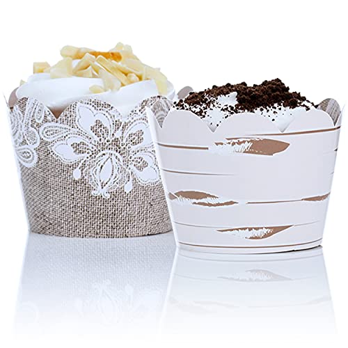 Burlap And Lace Cupcake Wrappers 48 Count - Birch Cupcake Wrappers | Burlap Cupcake Wrappers | Wood Grain Cupcake Wrappers | Rustic Cupcake Wrappers - By Pretty Cute Studios #TOP2