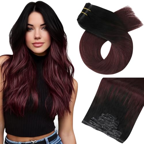 Image of Moresoo Burgundy Clip in Hair Extensions,18inch Seamless PU Skin Weft